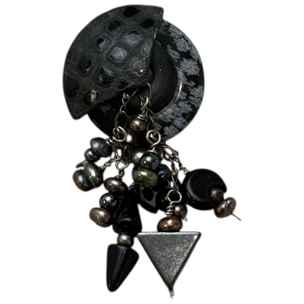 Vintage Black Stone Beaded Brooch Dangle Pin Abstract Statement Fashion Art Edgy